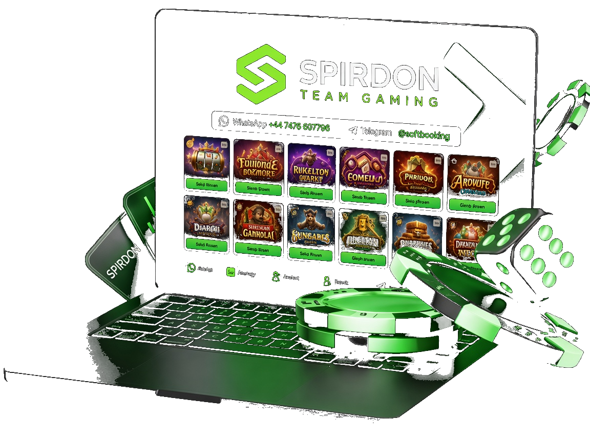 The Spirdon Team Gaming casino platform on a laptop, with chips and dice